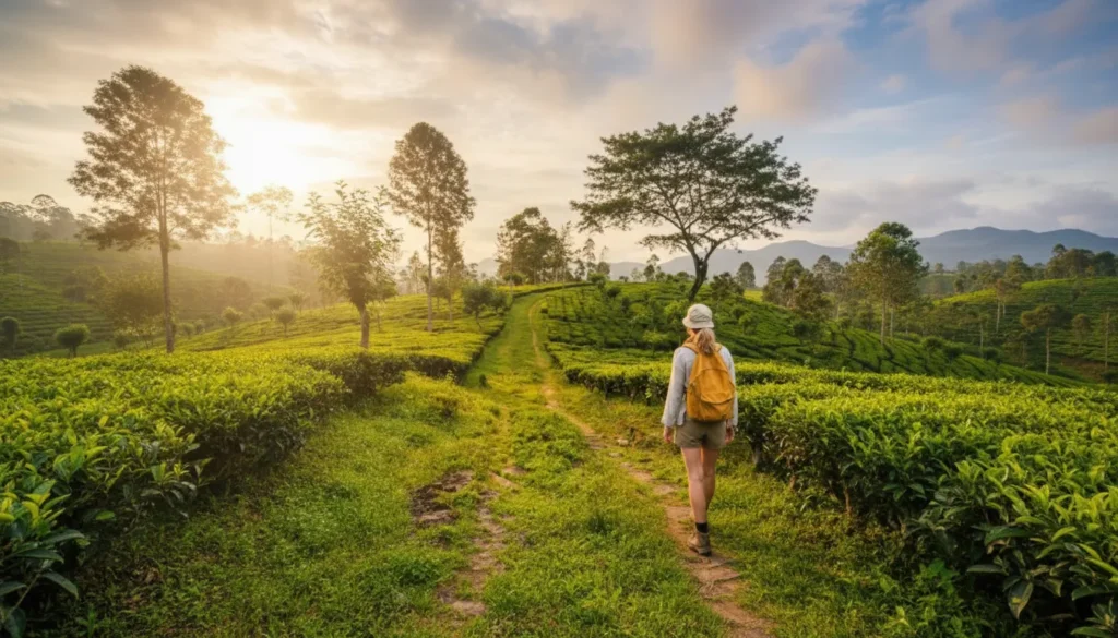 Sunrise over the tea valleys of the Central Highlands.